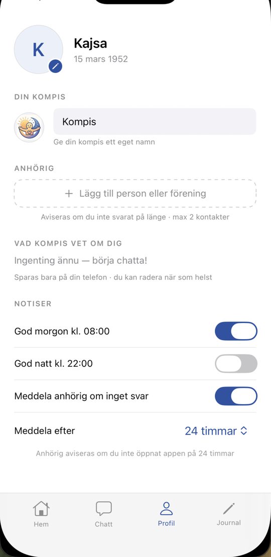 Profilen med anhörig och notiser